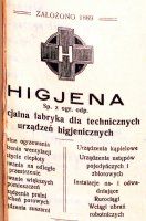 Nagłówek druku firmowego specjalnej fabryki dla technicznych urządzeń higienicznych Higjena, 1936
