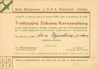 Zaproszenie LOPP na zabawę karnawałową, 1935 r.